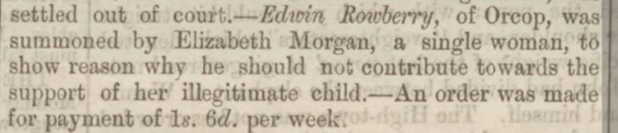 Report in Hereford Journal 1862 of support payment for illegitimate child.