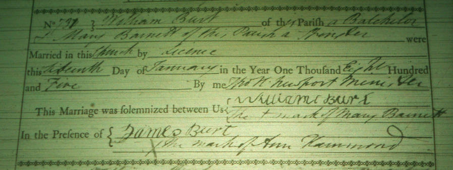 Marriage licence for William Birt and Mary Barnett 1805